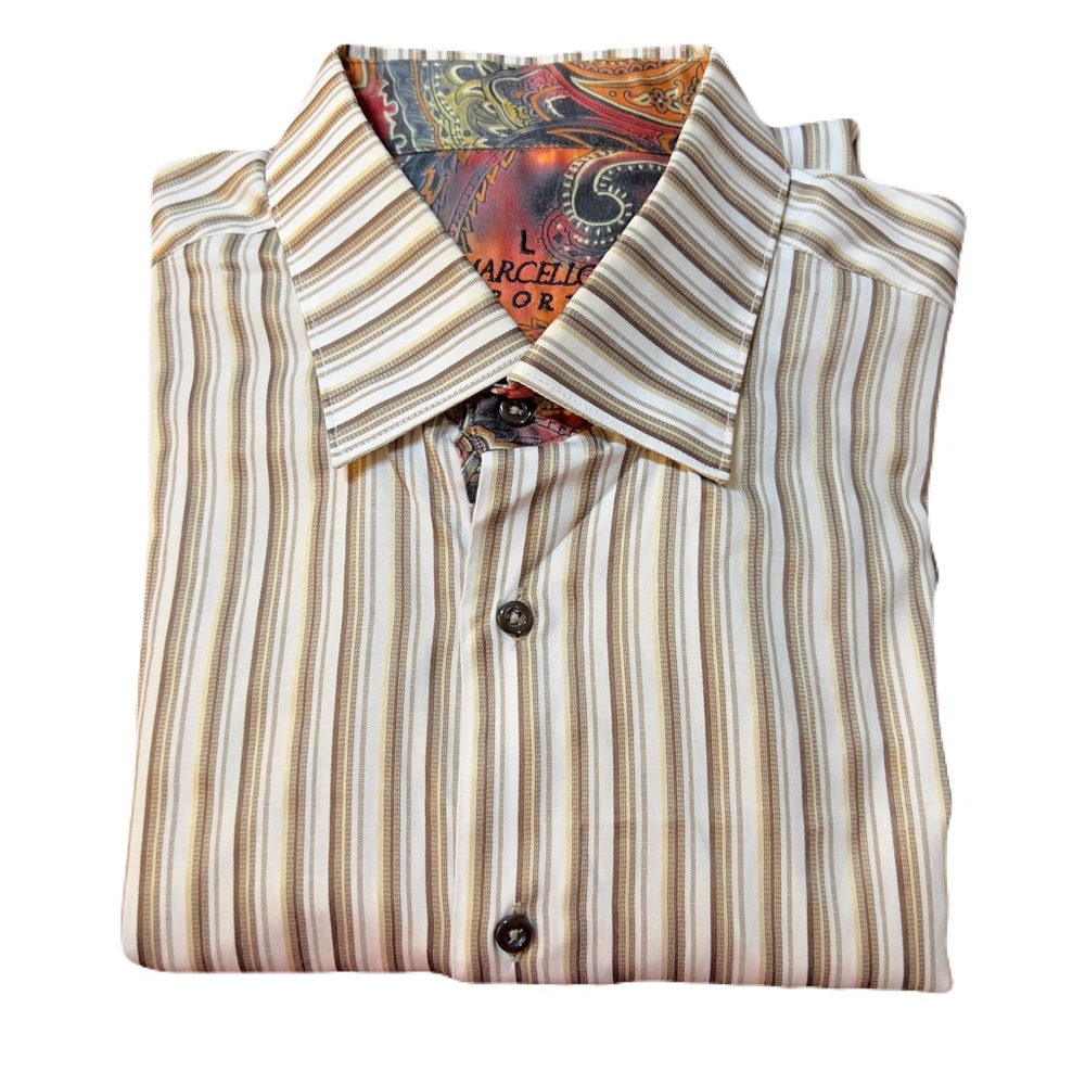 Marcello Sport Men’s L Dress Shirt Brown Stripe Paisley Contrast Cuffs Button
